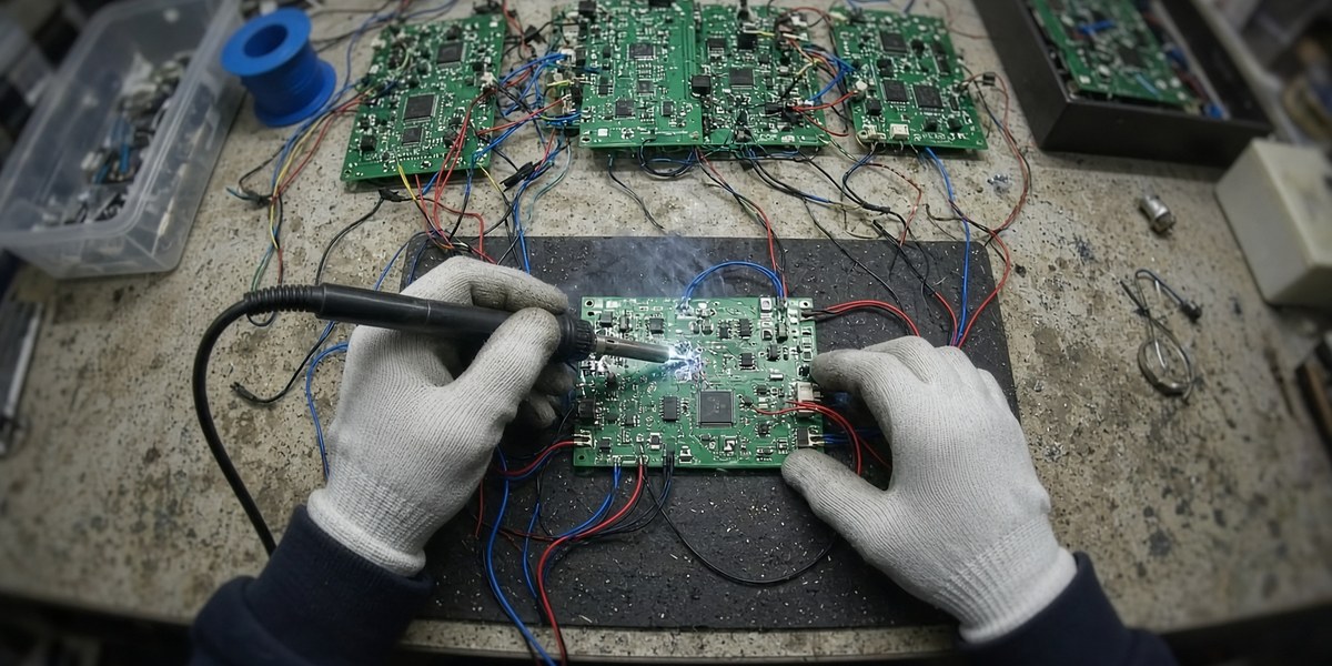 Egocentric headcam view of gloved hands soldering a motherboard on an assembly bench